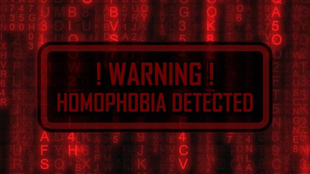 The text Warning, Homophobia Detected, appearing on a board over random symbols falling down (code rain, a popular sci-fi movie effect), changing their color from green to red.
