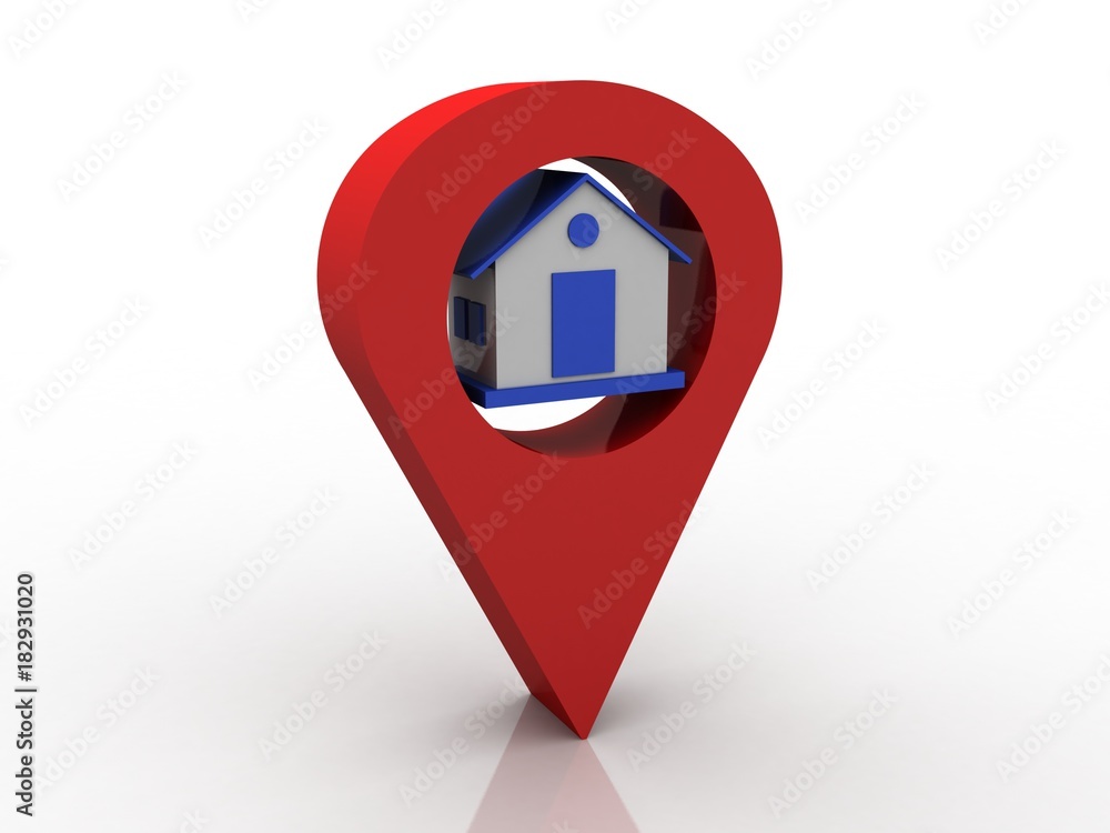 Poster 3d illustration search for property.a map with large red gps pointer containing home
