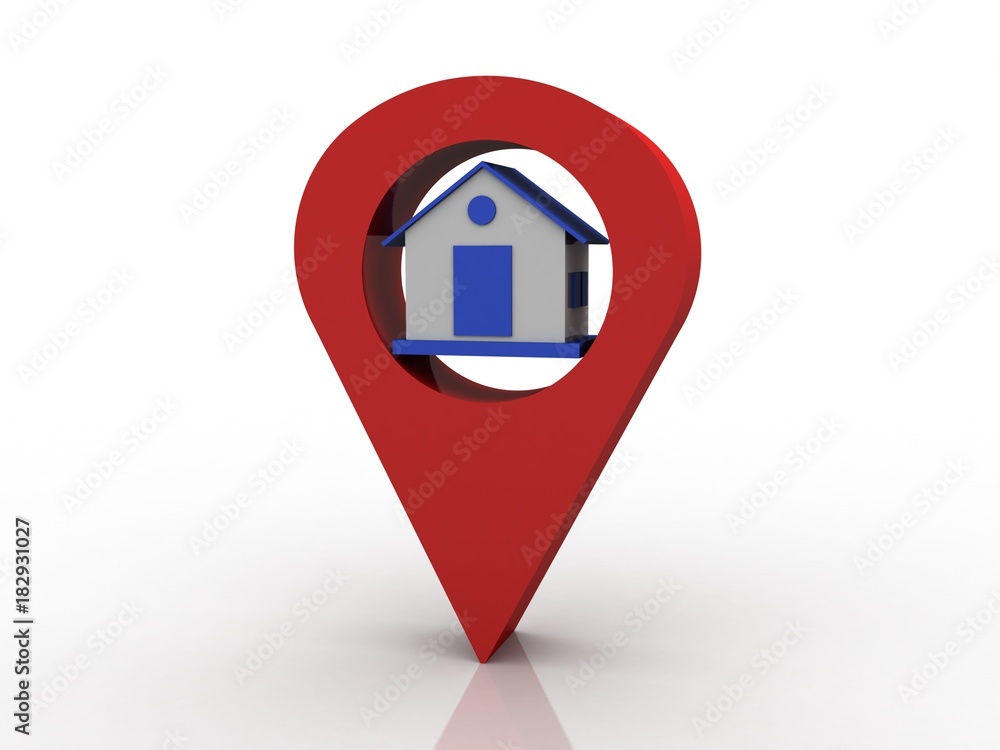 Poster 3d illustration search for property.a map with large red gps pointer containing home