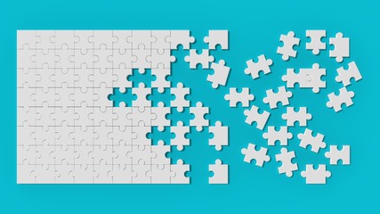 White jigsaw puzzle with unsolved pieces on blue background. 3d illustrating. - obrazy, fototapety, plakaty