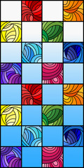 Panele Szklane Podświetlane  Ilustracja w stylu witrażu z kolorowymi kwadratami pokolorowanymi w widmie tęczy na tle błękitnego nieba