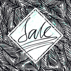 Ink hand drawn background with Sale lettering on the fir tree branches seamless pattern