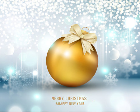 Vector illustration for Merry Christmas and Happy New Year. Greeting card with golden ball on a blue bokeh background. 