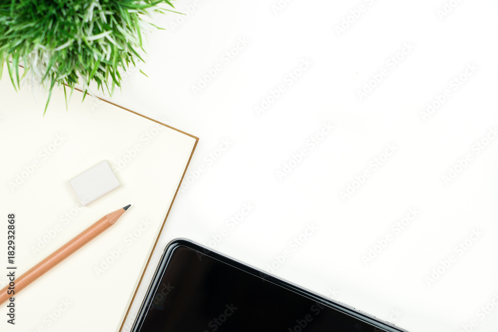 Poster Business office work desk table with computer laptop , note and stationery on white table background include copyspace for add text or graphic