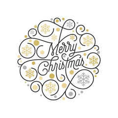Merry Christmas calligraphy lettering and golden snowflake pattern on white background for Xmas greeting card design. Vector golden Christmas flourish swash for New Year holiday text decoration