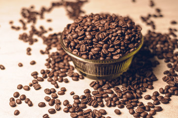 fresh coffee beans.coffee in a glass bowl.