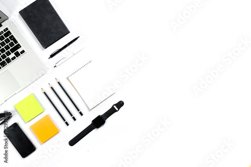 Working Table Top View Flat Lay Business Items On A White Table