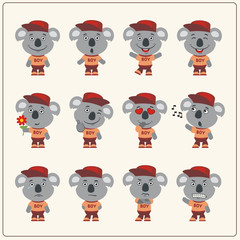 Fototapeta premium Collection of isolated koala bear in clothes and cap. Set of koala bear little boy in cartoon style.