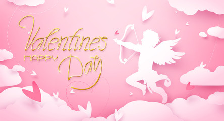 Fototapeta na wymiar Cute Valentines day greeting card with Cupid in clouds, paper cut decoration. Hand drawn elements, vector illustration. Hearts, happy love angel for Valentines day holidays, romantic Paper art.
