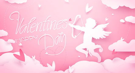 Cute Valentines day greeting card with Cupid in clouds, paper cut decoration. Hand drawn elements, vector illustration. Hearts, happy love angel for Valentines day holidays, romantic Paper art.