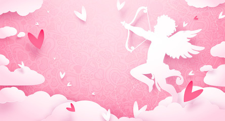 Cute Valentines day greeting card with Cupid in clouds, paper cut decoration. Hand drawn elements, vector illustration. Hearts, happy love angel for Valentines day holidays, romantic Paper art.