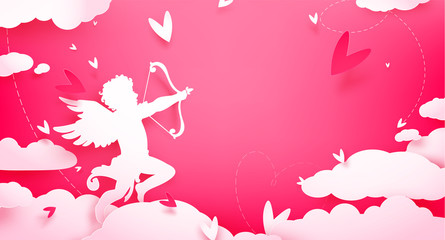 Cute Valentines day greeting card with Cupid in clouds, paper cut decoration. Hand drawn elements, vector illustration. Hearts, happy love angel for Valentines day holidays, romantic Paper art.