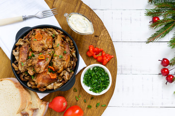 Tender rabbit meat with forest mushrooms. A dietary dish. Top view.