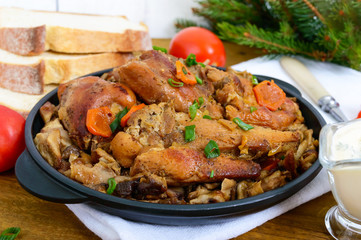 Tender rabbit meat with forest mushrooms. A dietary dish.