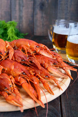 A pile of large crawfish on a wooden tray, glasses with beer on a dark wooden background.