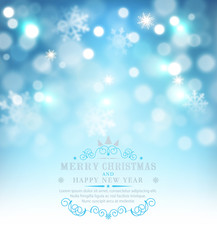 Vector illustration for Merry Christmas and Happy New Year . Greeting card with snow and snowflakes on a blue bokeh background . Template for elegant design of postcard, flyer, congratulatory brochure