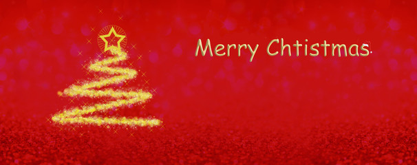 Christmas tree with star and flare  glossy red background with lots of stars on red background with the inscription Merry Christmas