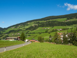 Idyllic landscape in the Dolomiti Alps with fresh green meadows and blooming flowers and snowcapped mountain tops in the background, Italy, autumn 2017