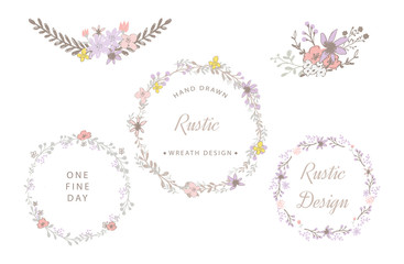 Collection of Rustic Floral Elements, Vectored Violet and Pink Wreath, Soft Pastel Color Bouquet, Greeting Card, Winter Flower Decoration
