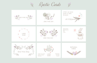 Violet and Brown Floral Elements, Vector Poster with Rustic Flowers, Greeting Card, Soft Floral Background, Pastel Color Laurel