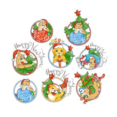 Set of yellow dog for New Year 2018, cute symbol of horoscope. Cute puppys in cartoon doodle style.
