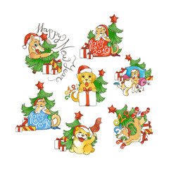 Set of yellow dog for New Year 2018, cute symbol of horoscope. Cute puppys in cartoon doodle style.