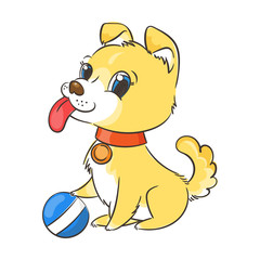 Happy golden cartoon puppy. Cute little dog wearing collar.