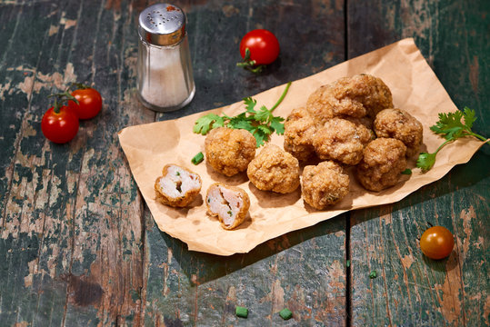 Vietnamese food. Delicious homemade fish balls on wooden table.