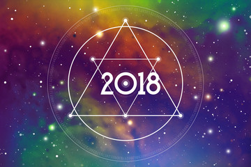 Cosmic Astrological New Year 2018 Greeting Card or Calendar Cover with Interlocking Geometry Shapes Art and Golden Ratio Digits on Space Background.