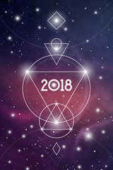 Cosmic Astrological New Year 2018 Greeting Card or Calendar Cover with Interlocking Geometry Shapes Art and Golden Ratio Digits on Space Background.