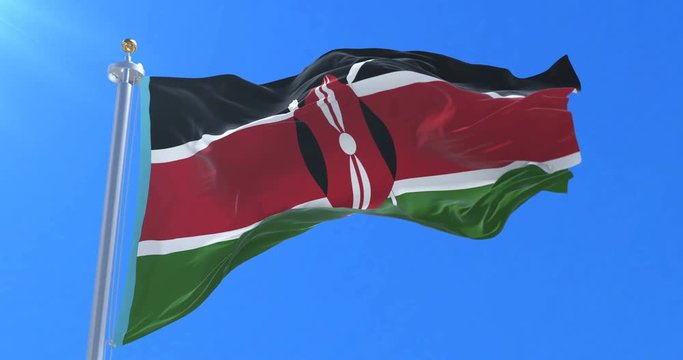 Flag of Kenya waving at wind in slow with blue sky, loop