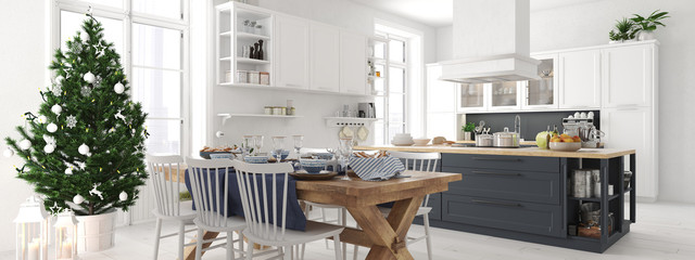 nordic kitchen with christmas decoration. 3d rendering