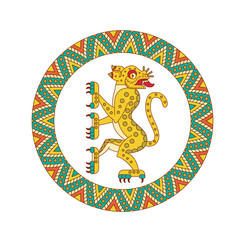 Fototapeta premium Aztec pattern with jaguar animal line art style on white backdrop. Vector illustration.