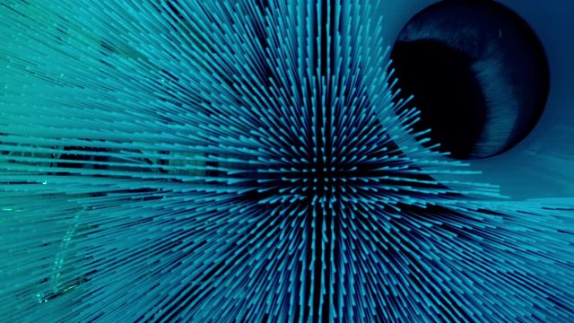 Cube box dot particle design slow motion shot.Looping blue,black and white abstract background,dots forming lines and shapes.Creativity,virtual cosmos,dynamic perspective, compute progress concept