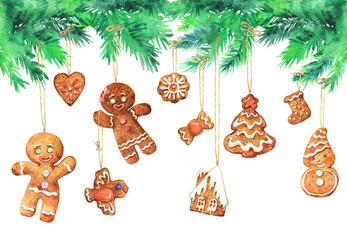 Watercolor Christmas greeting card in vintage style. Painting gingerbread cookies and spruce branches