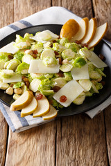 Tasty salad of shredded Brussels sprouts, hazelnuts, cheese, raisins and pears closeup. vertical