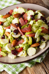 salad of fresh Brussels sprouts, dried cranberries, almonds and ham close-up. vertical