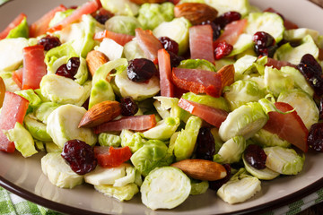 Delicious salad from Brussels sprouts, dried cranberries, almonds and ham close-up. horizontal