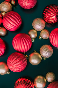 Red and Gold Christmas ball ornaments as seen from above
