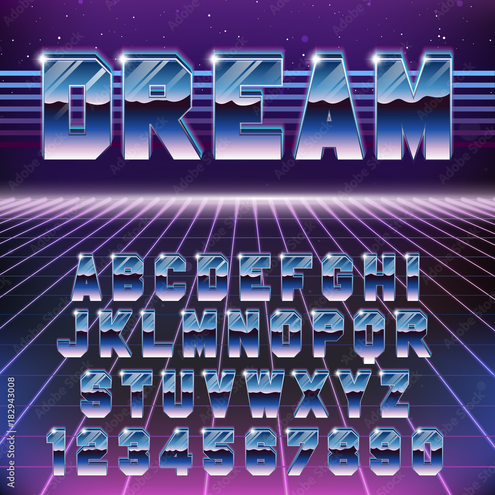 Poster shiny chrome retro futuristic font. stylish retro synth wave alphabet in 80s style. vector font on l