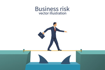 Business risk. Businessman walking on tightrope gap in rocks with floating predatory sharks. Way to success. Obstacle on road. Vector flat design. Isolated on white background. Success concept.