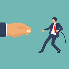 Strong businessman against weak. Business people. Businessmen in suit pull the rope. Tug of war. Vector illustration, flat design. Inequality concept. Corporate conflicts.
