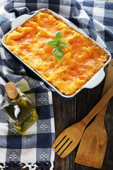 delicious italian lasagna in baking dish