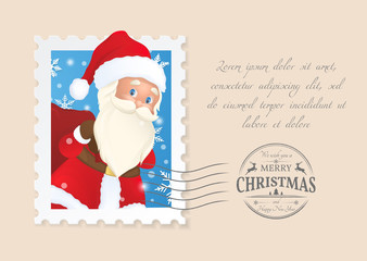 Holiday card with a postage stamp with cartoon Santa Claus and a bag of gifts. Seal stamp with title 