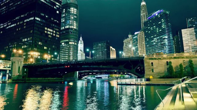 Chicago Downtown and the Riverwalk at Night. Timelapse 4K Footage