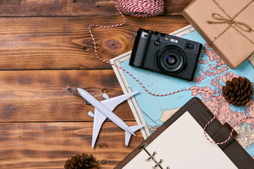 travel , trip vacation, tourism mockup - close up of clothes, christmas decorations and toy...