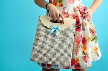 Fototapeta na wymiar Close up female hands holding a carton shopping bag on the blue background.