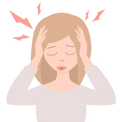 Strong migraine. Young woman with headache. Vector cartoon image.  Stressed girl on white background 