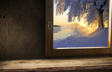 winter window and wooden table place