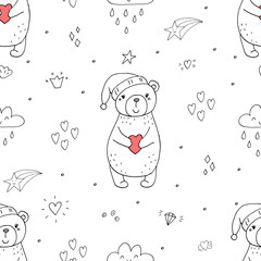 Cute seamless pattern with funny teddy bear. vector illustration